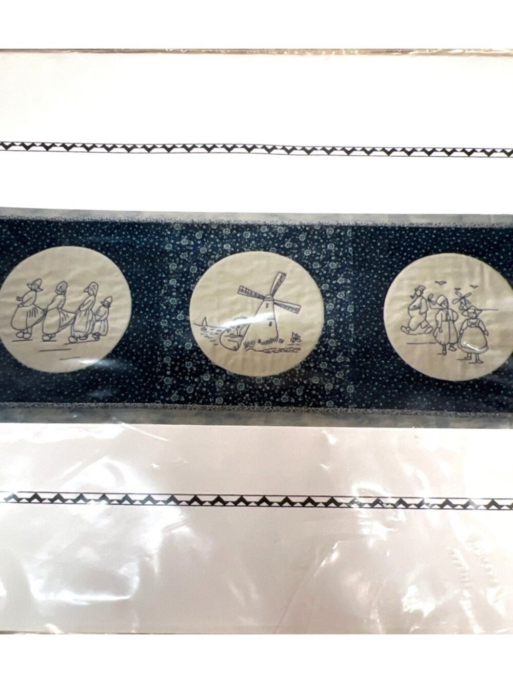 RARE Vintage Bluework Blue Delft Table Runner With Dutch Windmill & Figures